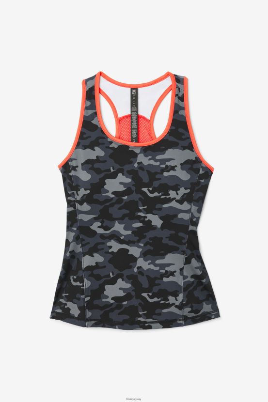 camuflaje oscuro/coral intenso/negro FILA Camiseta sin mangas con espalda cruzada y bloques de color con estampado de camuflaje oscuro/coral intenso/negro uplift de fila 6L8PR21870