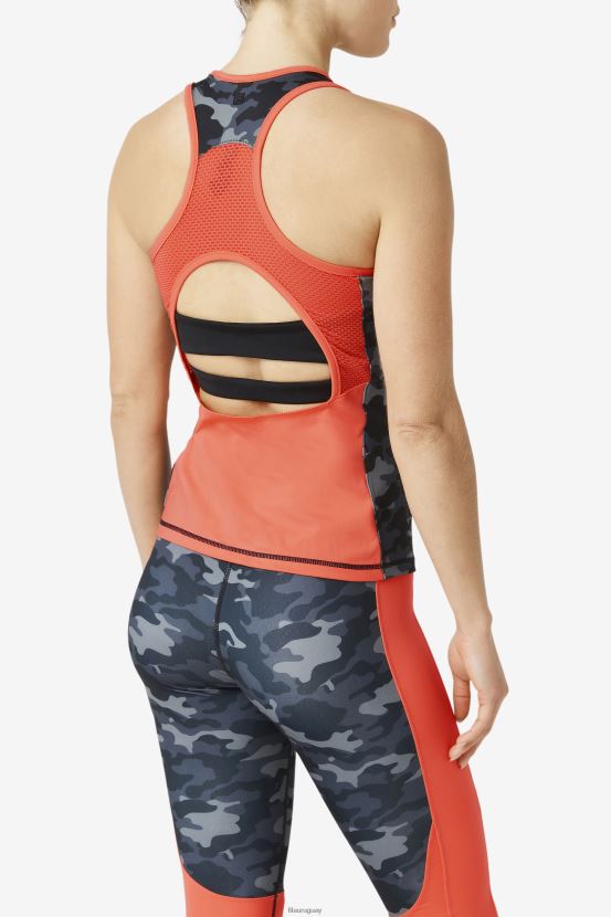 camuflaje oscuro/coral intenso/negro FILA Camiseta sin mangas con espalda cruzada y bloques de color con estampado de camuflaje oscuro/coral intenso/negro uplift de fila 6L8PR21870